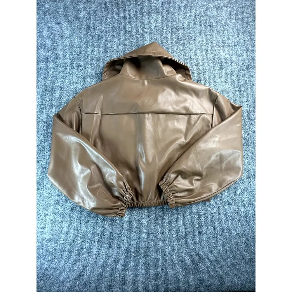 Cisono Women's XL Brown Faux Leather Cropped Jacket Balloon Sleeve Vegan Leather - Picture 2 of 9